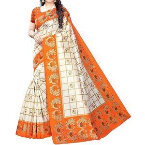 NWT Pisara Peacock Orange Champagne Checkered Peacock Saree Sari OS